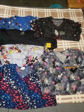 6 Pairs Mixed Pattern Medical Scrub Tops - Hearts, Florals & Cartoon Prints